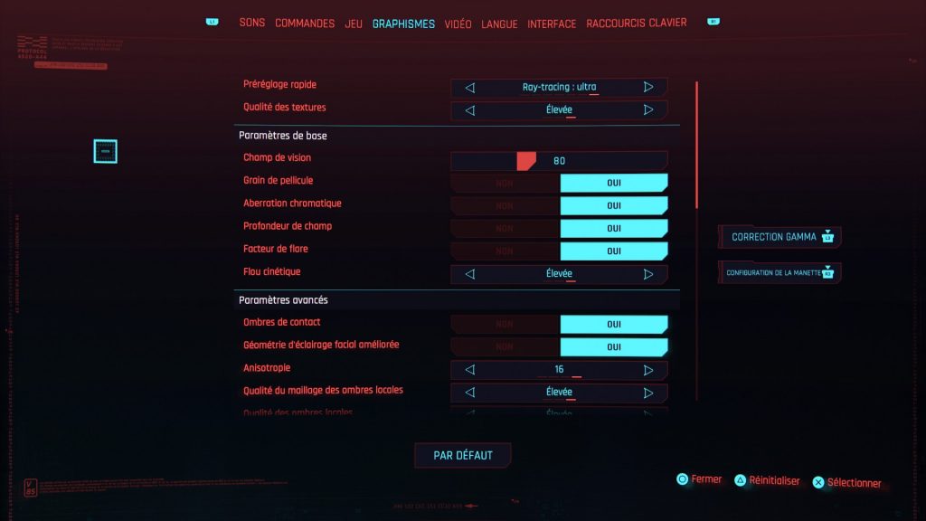 Réglages sur Cyberpunk 2077
