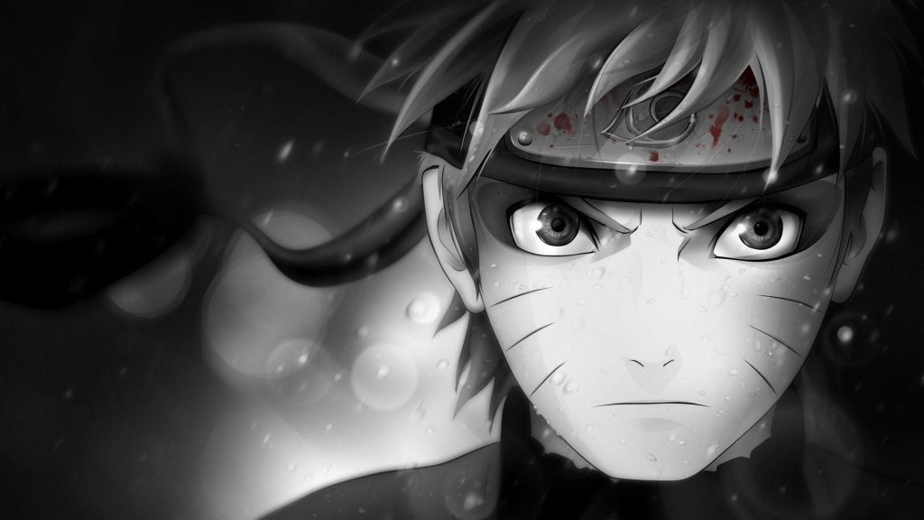 Portrait dramatique en noir et blanc de Naruto Uzumaki, le visage marqué d'émotion et de détermination sous une pluie fine, avec une trace de sang sur son bandeau de ninja.