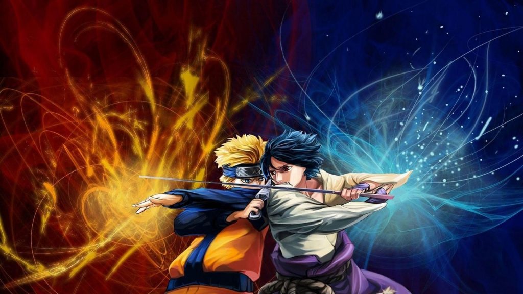 Duel intense entre Naruto en mode chakra de feu et Sasuke maniant son épée, avec des effets dynamiques de flammes et de chakra électrique en arrière-plan.