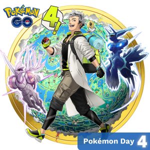 Un dresseur enthousiaste de Pokémon GO accompagné des Pokémon légendaires Palkia et Dialga en arrière-plan pour la célébration du Pokémon Day 4