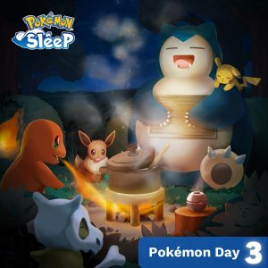 Des Pokémon autour d'un feu de camp dans la nuit, célébrant la convivialité avec Pokémon Sleep pour le Pokémon Day 3