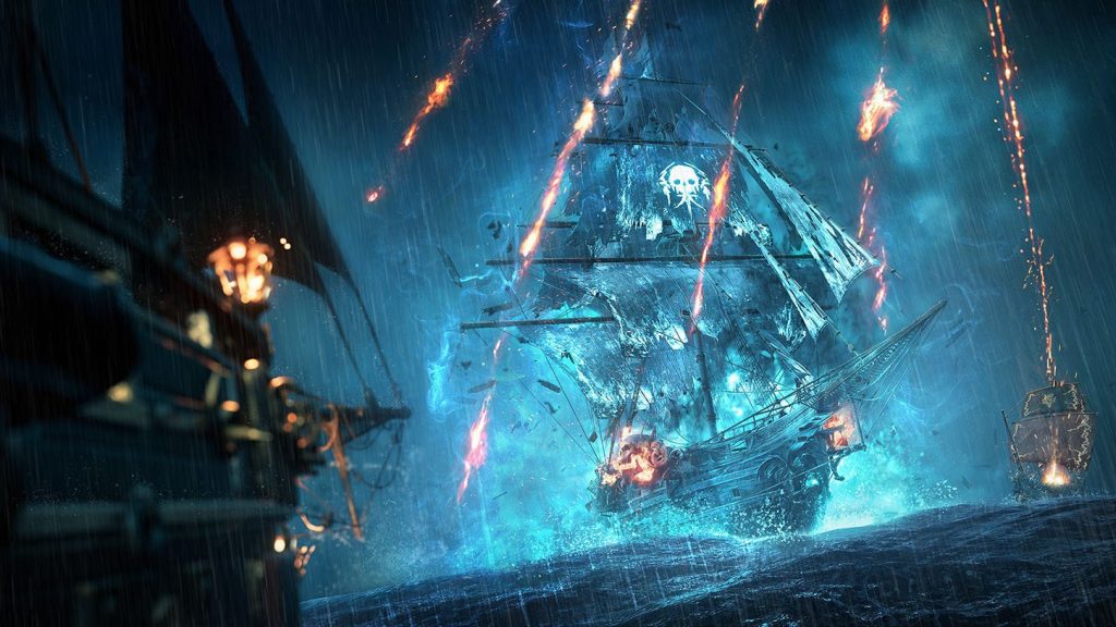 Navire pirate affrontant une violente tempête, avec des éclairs illuminant les eaux tumultueuses.