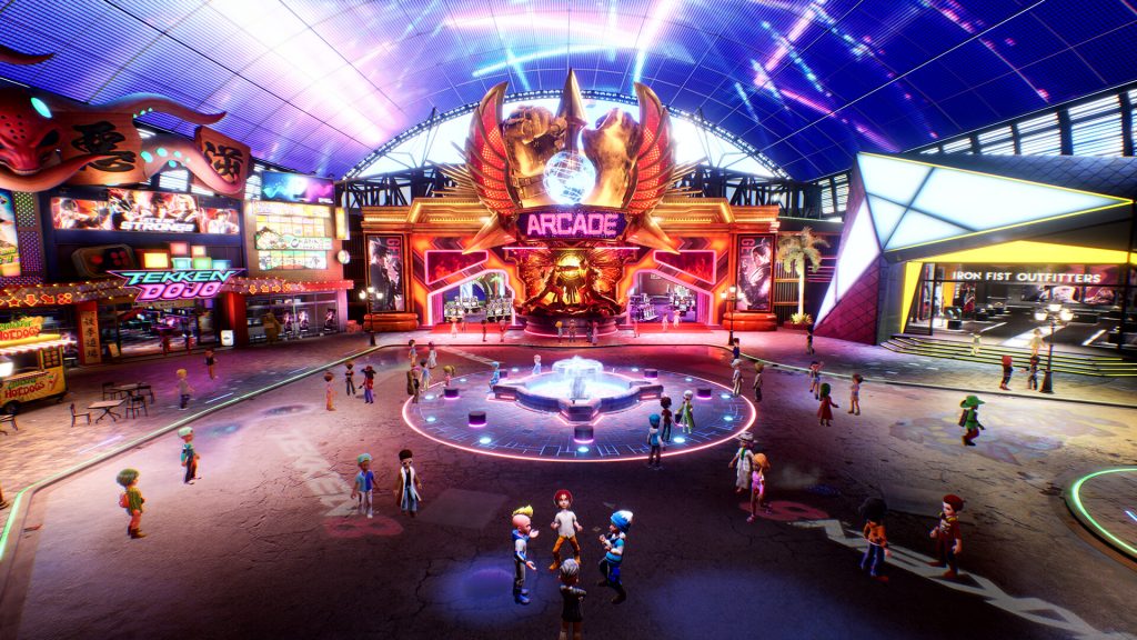 Centre névralgique d'un espace de jeux d'arcade coloré et futuriste avec une fontaine au centre et des enseignes lumineuses de Tekken Dojo et Iron Fist Outfitters sous une voûte LED.